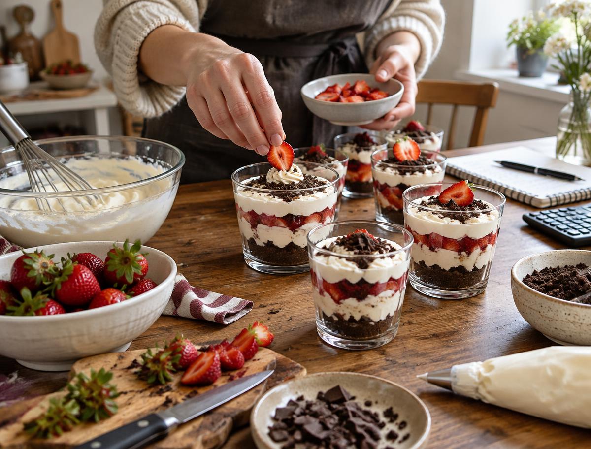 Preparación de postres en vaso en una cocina de casa, con un cuaderno y una calculadora